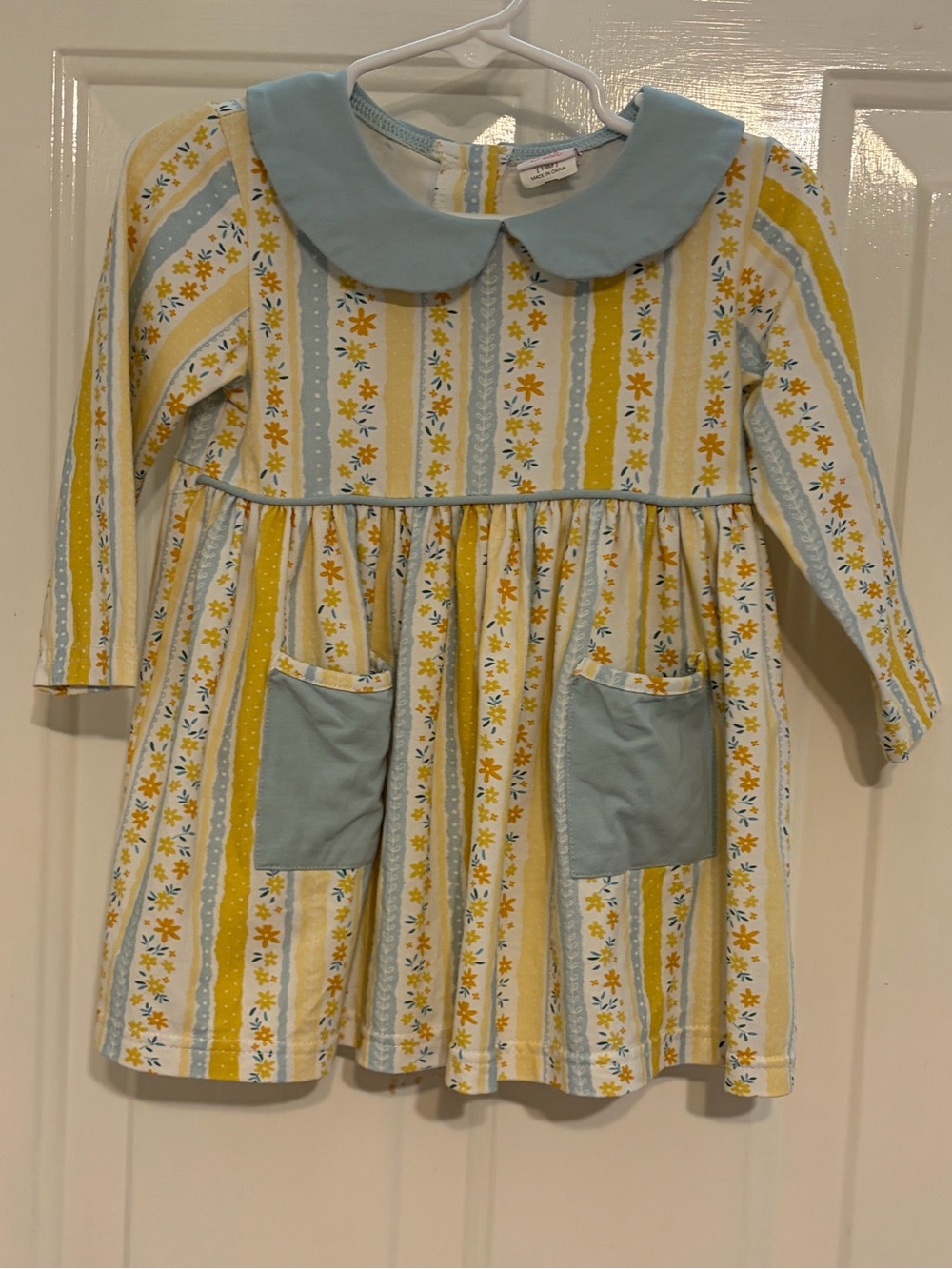 Stitchy Fish Lovely Yellow Floral Long-Sleeve Dress with Blue Patch Pockets 18M